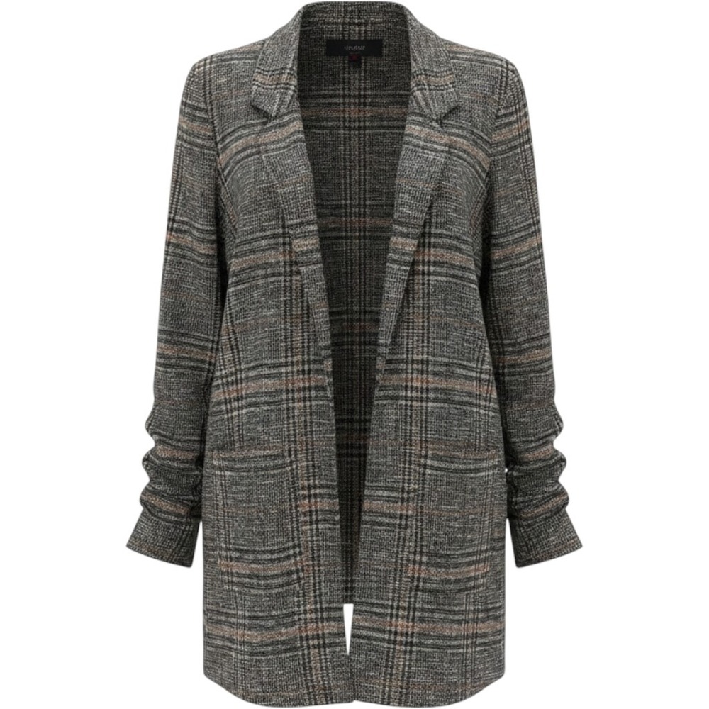 Caffe Marrakesh Plaid Open Front Blazer Womens Small Grey Longline Ruched Sleeve